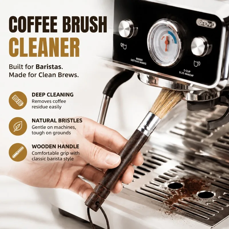 Coffee Powder Cleaning Brush Wooden Handle Bar Counter Bristle Sweeper Hog‑hair Bristle Duster for Coffee Grinder Dust Removal