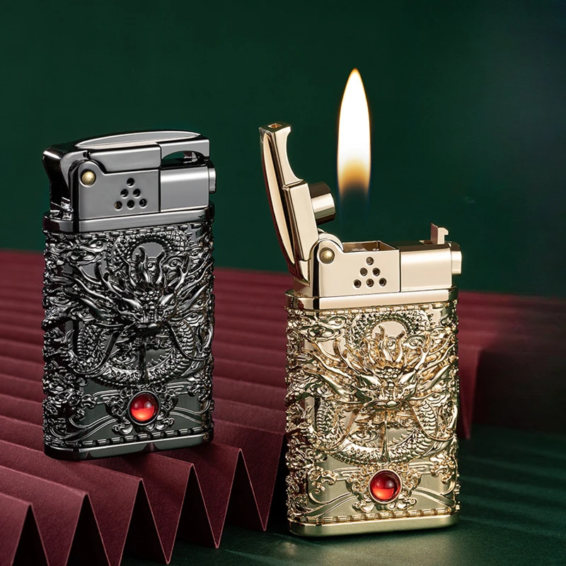 Metal Alloy Embossed Lucky Dragon Armor Kerosene Personalized Lighter with Bullet Lid Ignition for Men Smoking High End Gift