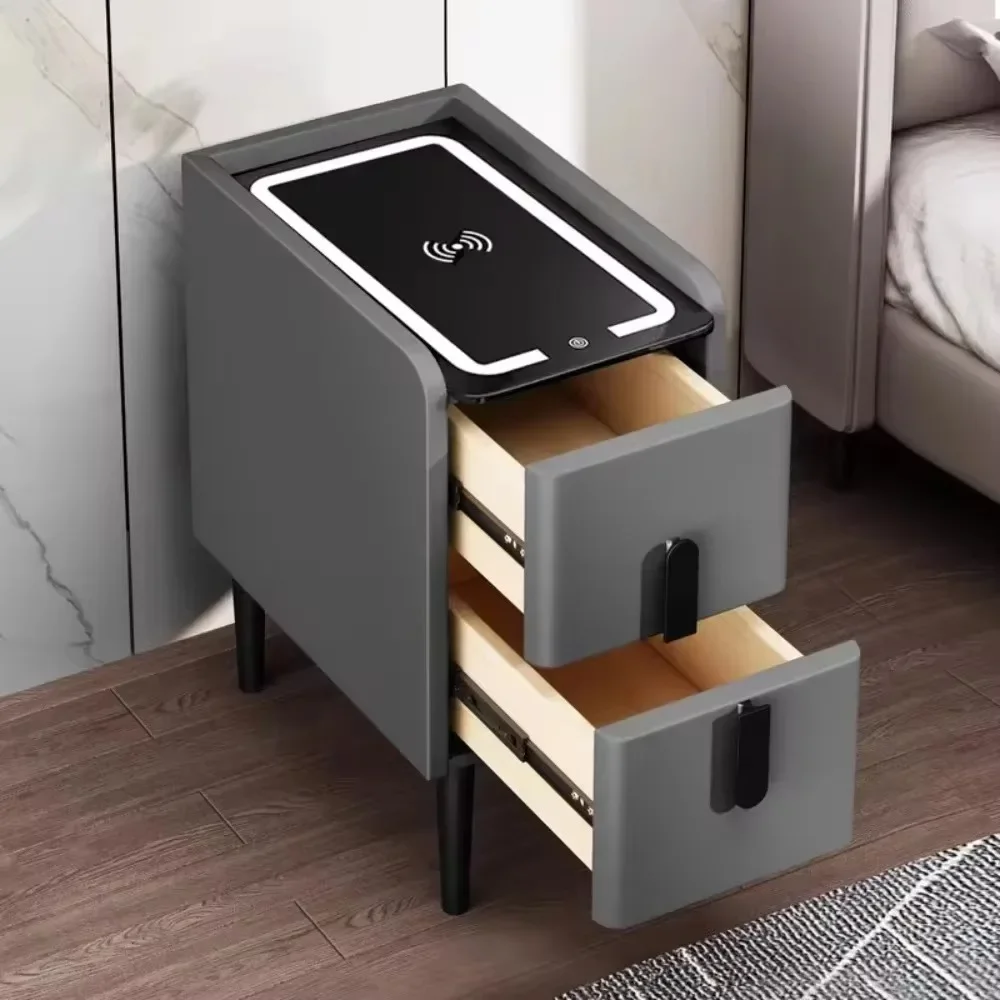 Smart Bedside Table with Wireless Charger Narrow Smart LED Nightstands Solid Wood Bedside Cabinet Fingerprint Lock Bedside Table