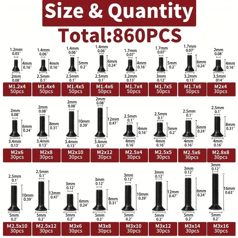 250/860Pcs Mini Computer Screws Set Black Micro Eyeglass Screws M1.2 M1.4 M1.7 M2 M2.3