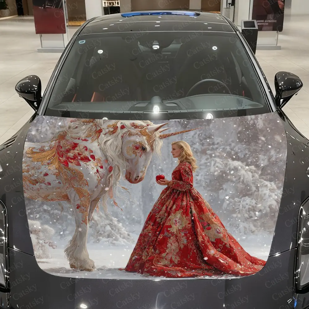 

Unicorn And Golden Princess Car Cover Sticker, Stylish Design Suitable For Most Vehicles, Engine Hood Protective Film Gift, Car