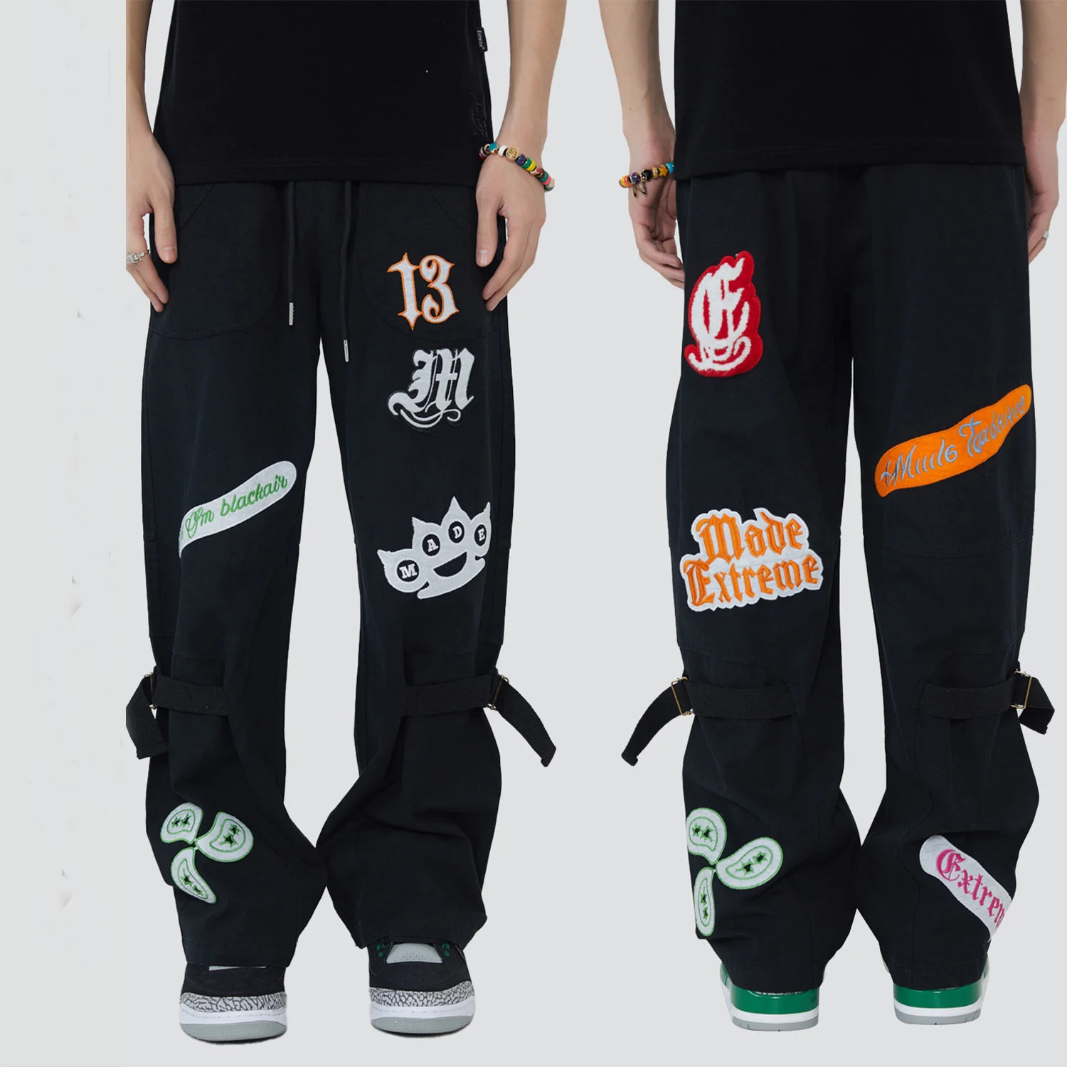 High Street Men's Camouflage Loose Wide-leg Trousers Retro Patch Embroidery Hip Hop Cargo Pants