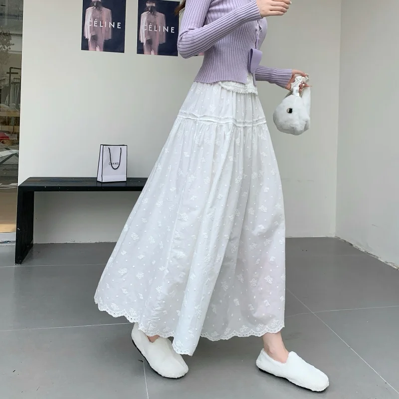 

Womens White Skirt Floral Embroidery Harajuku A Line Midi Skirt Casual Lace Trim Fashion Spring Autumn Versatile