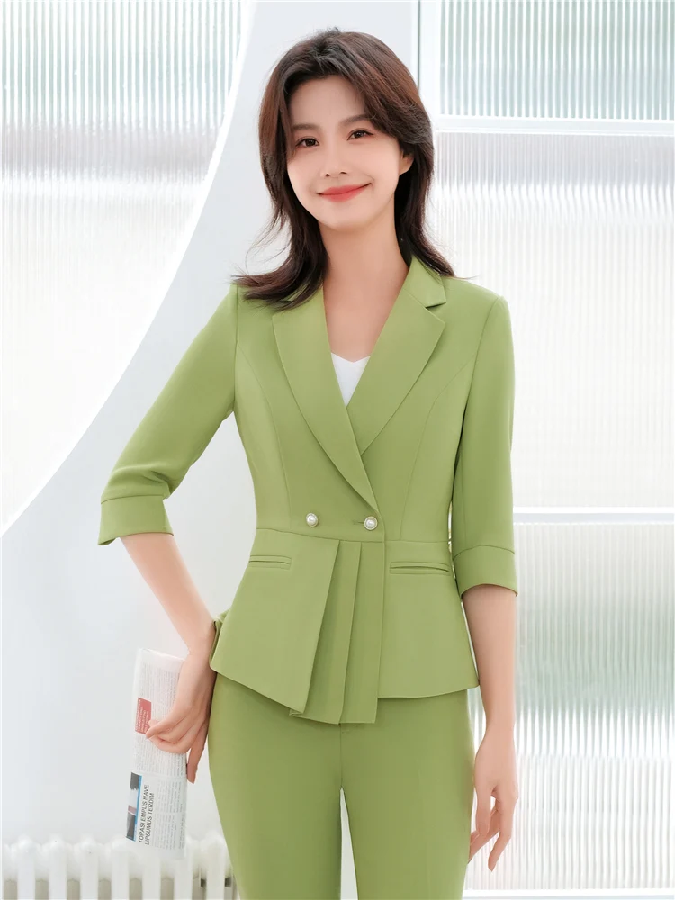 Summer Women\'s  Office Ladies Half Sleeve business attire Blazer Yellow White Double Breasted Thin Coat Female Oversize5XL