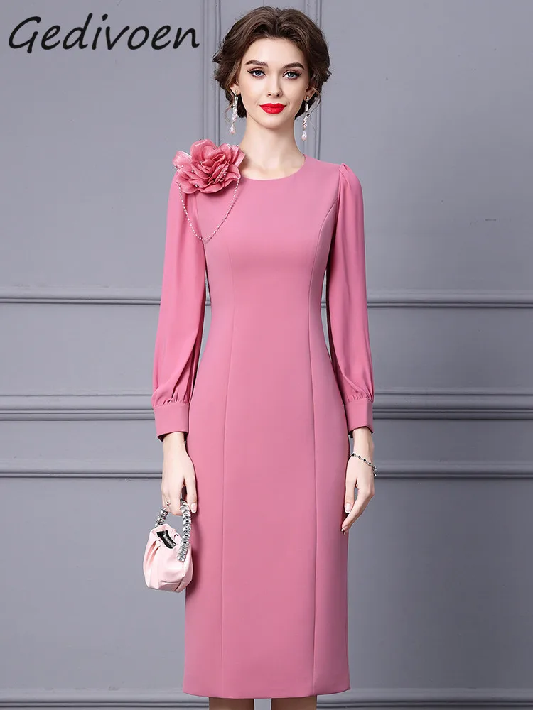 Gedivoen Autumn Fashion Designer Pink Vintage Party Dress Women O Neck Appliques Beading High Waist Slit Slim A-LINE Midi Dress