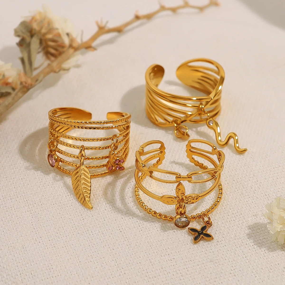 

WILD & FREE Exquisite Stainless Steel Rings for Women Chic Snake Leaf Charms 18K Gold Plated Jewelry Waterproof