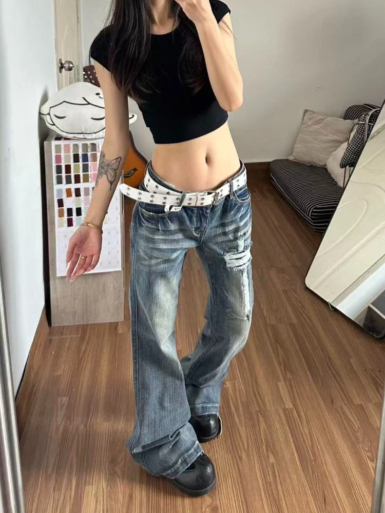 Women Retro Distressed Flare Denim Pants Vintage Washed Ripped Patchwork Jeans Low Rise Wide Leg Trousers Gothic Street Outfit