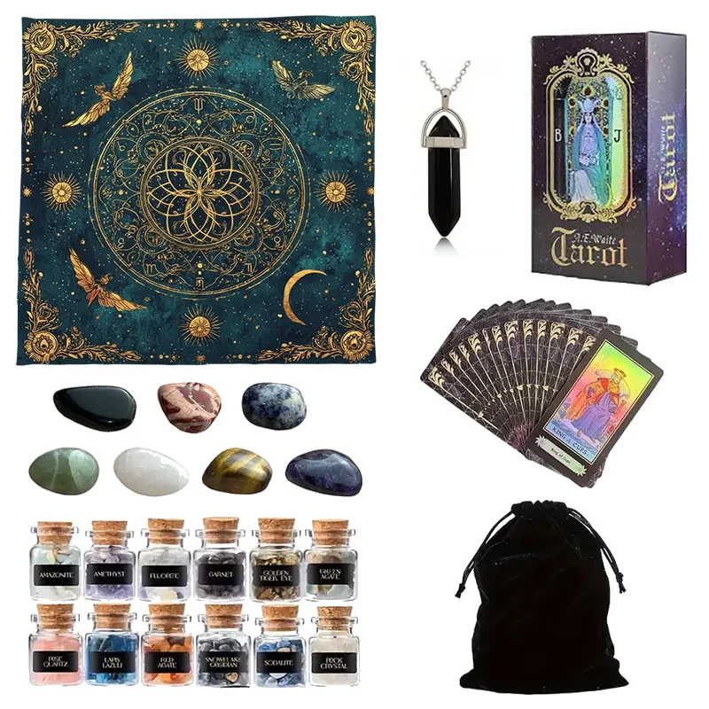 Tarot Card Set 1 Set of Tarot Cards 12 Mini Crystal Vases 7 Chakra Stones 1 Tarot Tablecloth 1 Pendant Accessory 1 Storage Bag