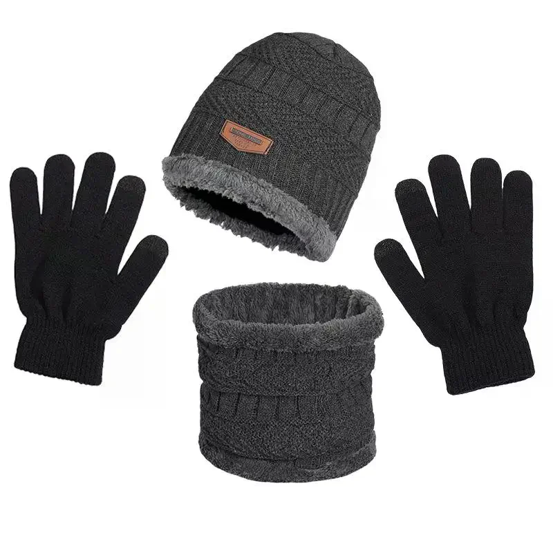 

3-Piece Winter Men's Hat Set Scarf Gloves And Neck Warmer All In One Fleece-Lined Knitted Hat