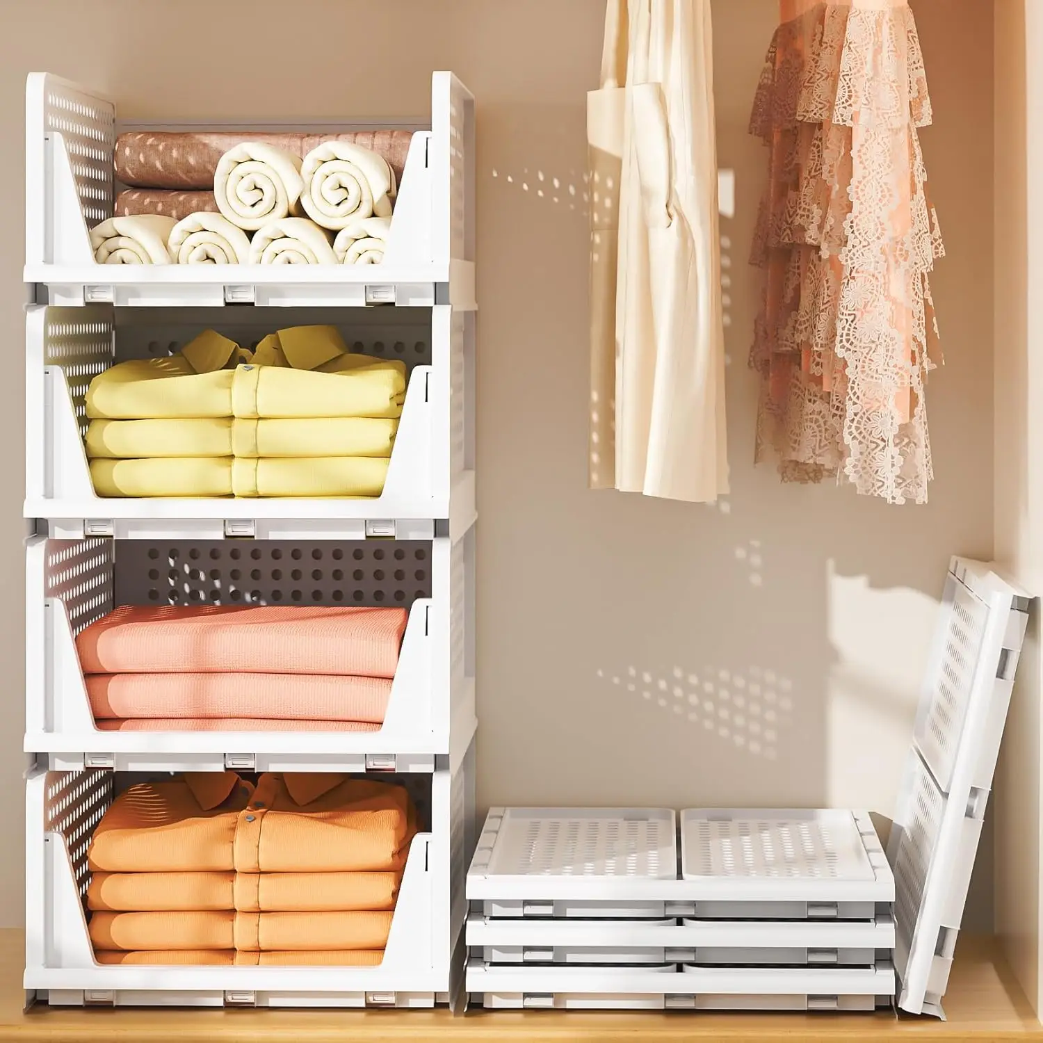 

Stackable Plastic Storage Drawers for Closet Organizers and Storage,4 Pack Open Storage Bins Closet