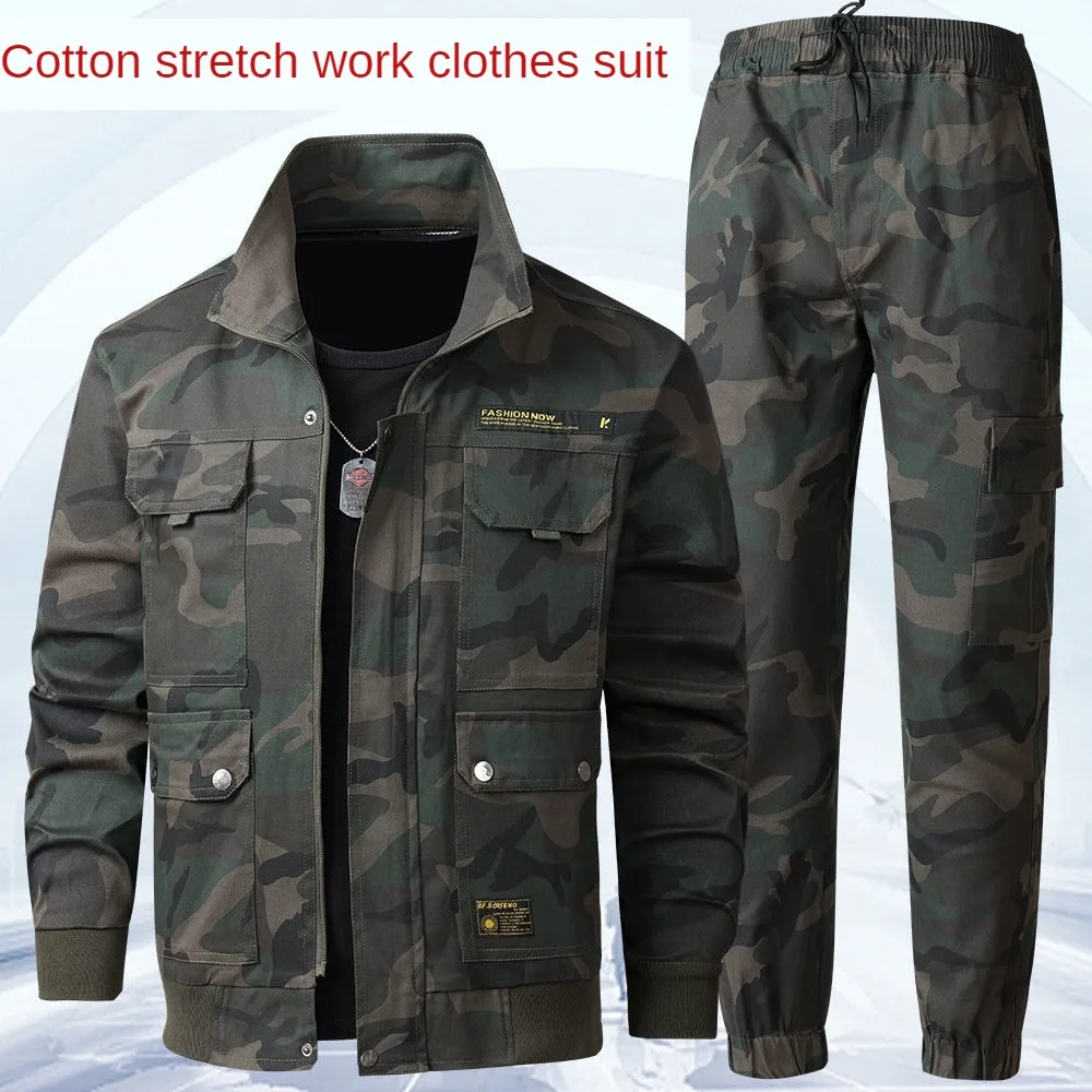 Spring And Autumn Men's Elastic Cotton Camouflage Clothing  Suit Outdoor Simple Camping Labor Protection Work Clothes Top Set