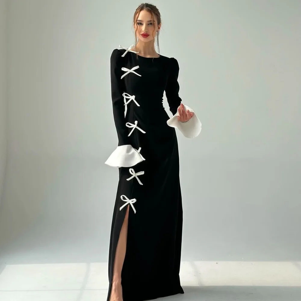 

Customized Sizes Available High Quality Jersey Bow Pleat Straight Scoop Neck Long Dresses Bespoke Occasion Dresses Fashion