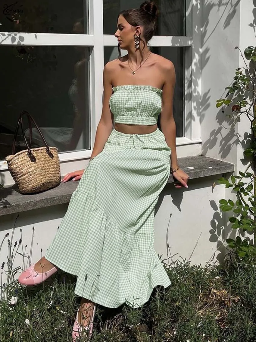 

Oymimi Elegant Green Print 2 Pieces Set For Woman Fashion Strapless Slim Crop Tops And Drawstring Loose Ankle-Length Skirts Sets