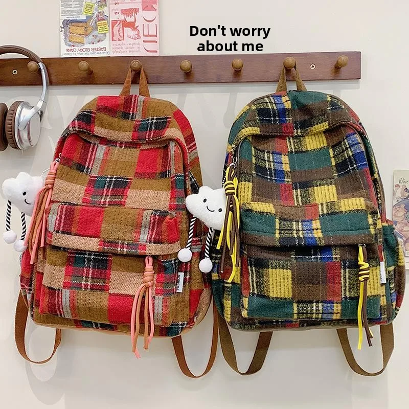 

Пушистая клетчатая сумка для поездок на работу, новинка 2024, красная школьная сумка для студентов колледжа, очаровательная школьная сумка с двойным ремнем, большой размер