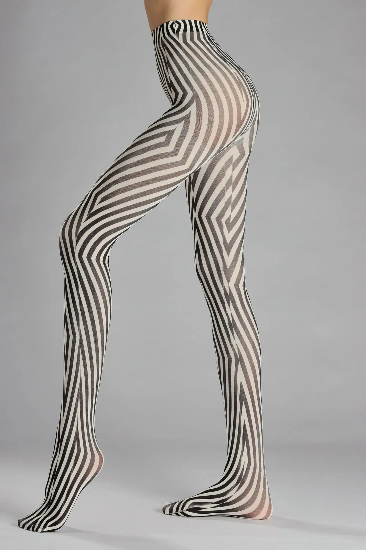 Personality Geometric Stripe Print Black White Women's Pantyhose Polyester Hottie Sexy Irregular Plaid Tights