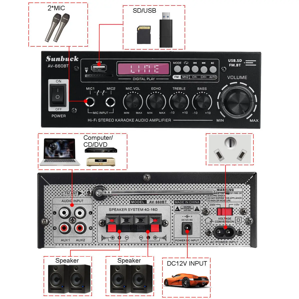 SUNBUCK AV-660BT/AK370 BT5.0 Sound Amplifier Home Car Theater Audio Amplifier 110V/220V Support EQ FM SD USB 2 Mic AK370 12V Amp