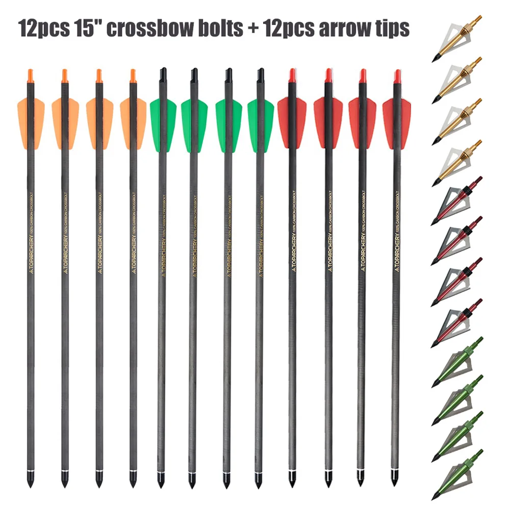 

12pcs 15'' Pure Carbon Arrows Spine 350 with 12pcs Replaceable Arrow Heads Tips100grain for Bow Hunting Shooting Practice