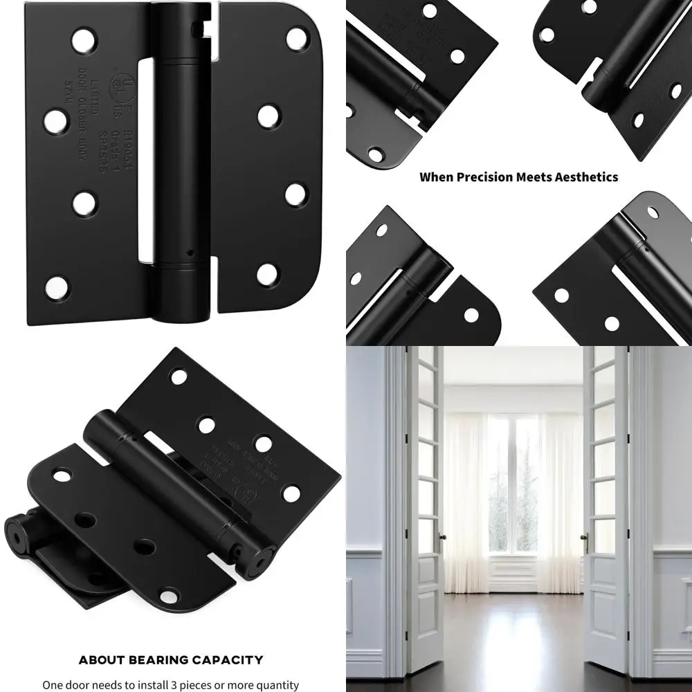 

4 Inch Matte Black Spring Door Hinges for Residential and Heavy-Duty Use, Square & 5/8 Radius, 6-Pack