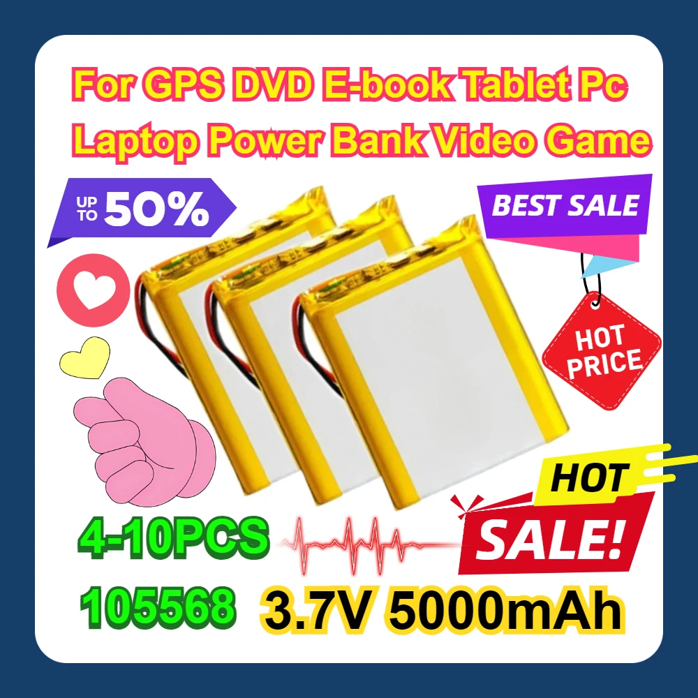 

For GPS DVD E-book Tablet Pc Laptop Power Bank Video Game 4-10PCS 105568 3.7V 5000mAh Polymer Lithium LiPo Battery