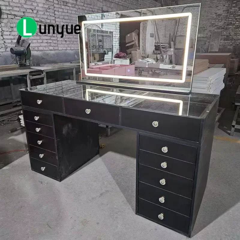Modern Solid Wood Makeup Vanity Table with Mirror White LED Light Anti-Scratch Surface Multi-functional Dressing Desk for