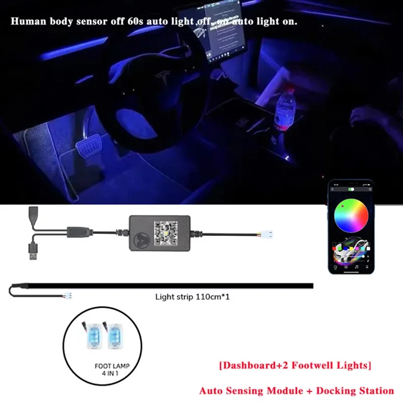 For Tesla Model 3 Y RGB APP Control Center Console Dashboard Wireless Charging Neon LED Light Strip Musical Rhythm USB Power