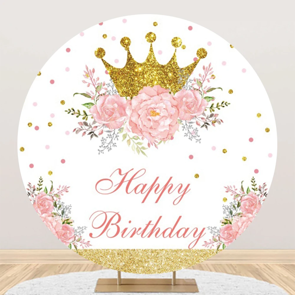 Girls Birthday Round Backdrop Cover Pink Floral Golden Crown Decor Baby Shower Kids portrait Circle Background Photography Props
