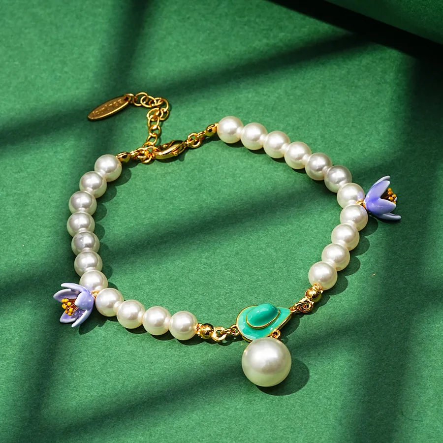 Summer Holiday Bohemia Style Light Luxury Fashion High-end Enamel Glaze Violet Flower Green Hat Glass Pearl Bracelet for Women