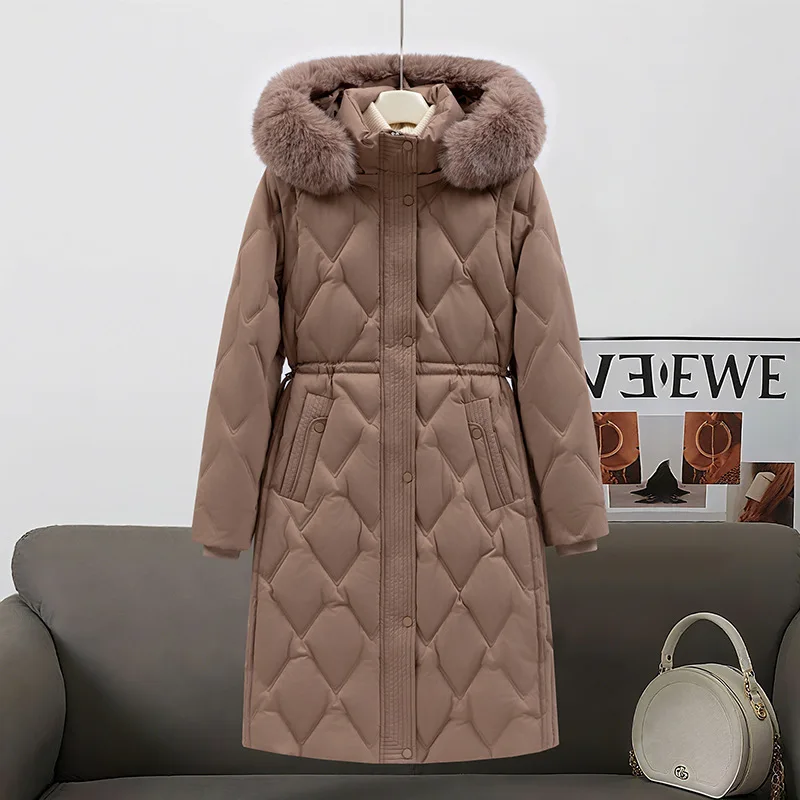 Großer Pelzkragen mit Kapuze, abnehmbares Fell, mittellanger, mit Baumwolle gefütterter Daunenmantel für Damen, Winter, verdickt, warm, winddicht, mit Baumwolle gefüttert