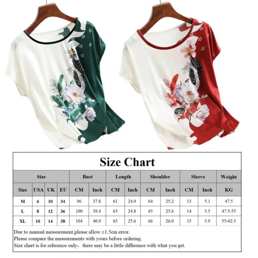 أنيق خمر الأزهار طباعة بلوزة جولة الرقبة فضفاضة المرأة الحرير الساتان بلوزة 3 حجم خفيفة الوزن تي شيرتات قصيرة الاكمام الإناث #5