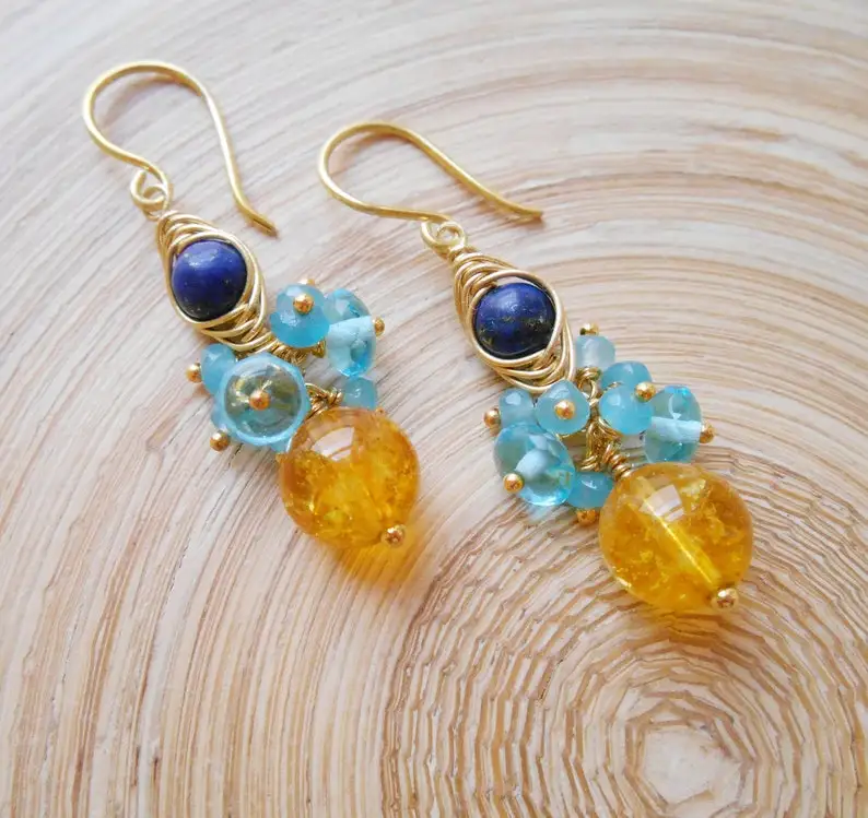 Roxanne gemstone cluster earrings yellow navy blue wire wrap dangle drop citrine lapis lazuli jade gold fill November