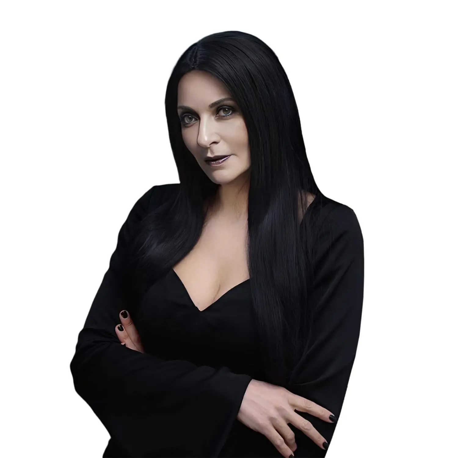Synthetische Perücken Lange Schwarze Perücke für Morticia Addams Kostüm, Cher Kostüm Halloween Perücke für 70er Jahre Party Hexenkostüm Perücke für Frauen – Detail 2