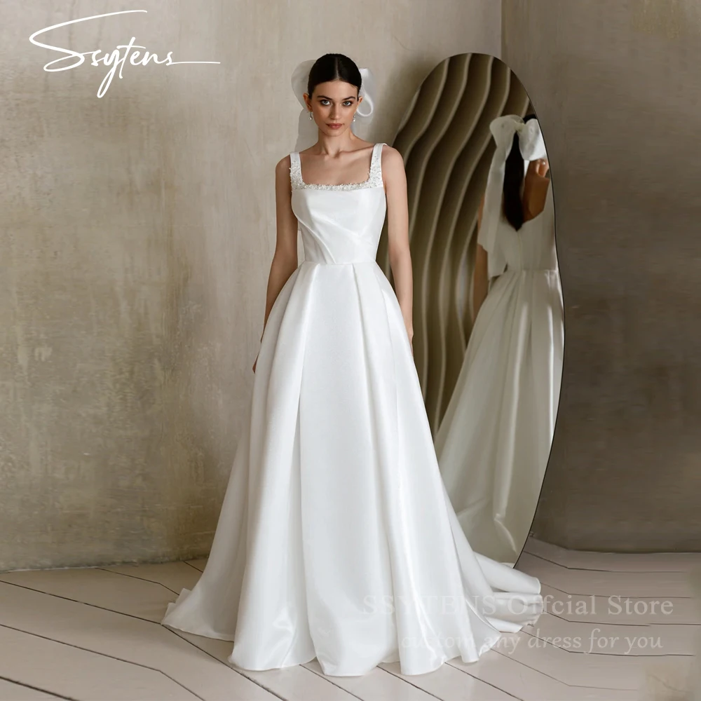 

SSYTENS Elegant Square Collar Satin Wedding Dress for Women Beads A-Line Backless Long Bride Gown Vestidos De Novia Customized