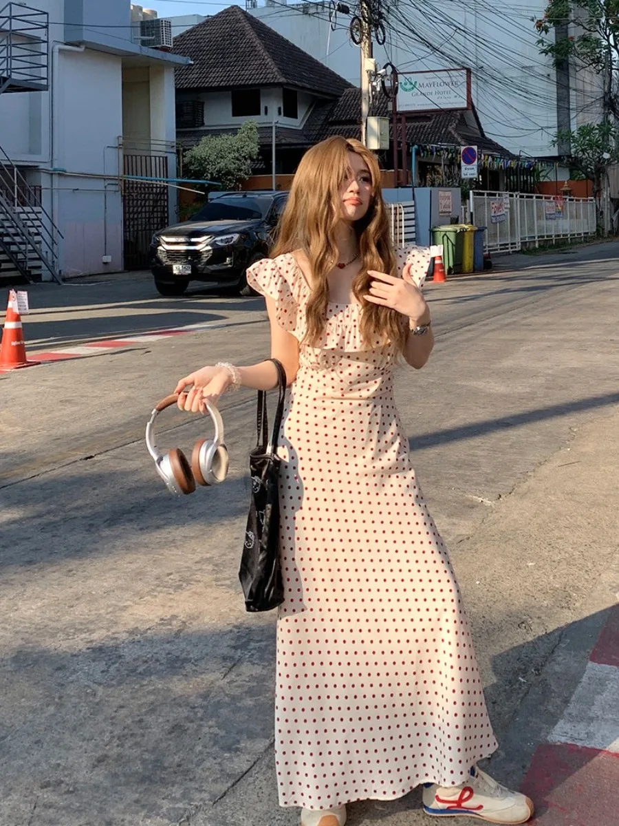 

plus Size Summer Polka Dot One Shoulder Long Dress Women's Vacation High Waist Cinched Waist Skirt Style Korean Version