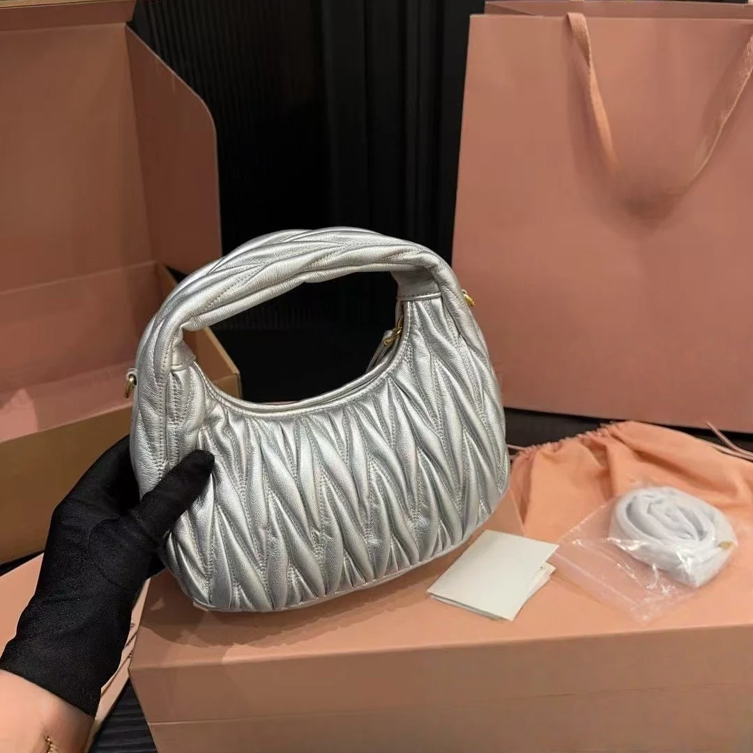 

Real Leather bag 2025 new bowling bag lambskin cute slung high quality hobo armpit bag pleated crescent bag portable Women's bag