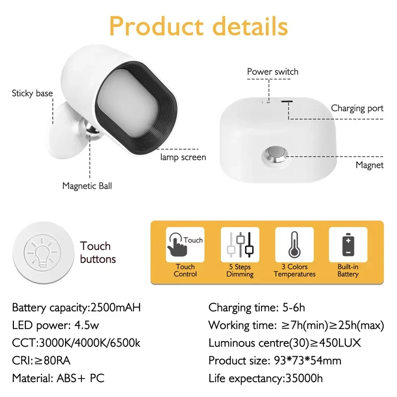 Wireless USB Rechargeable LED Wall Lamp Touch Control 360 Rotatable Light for Bedroom Bedside Reading  Lamp Decor 9 Color Light