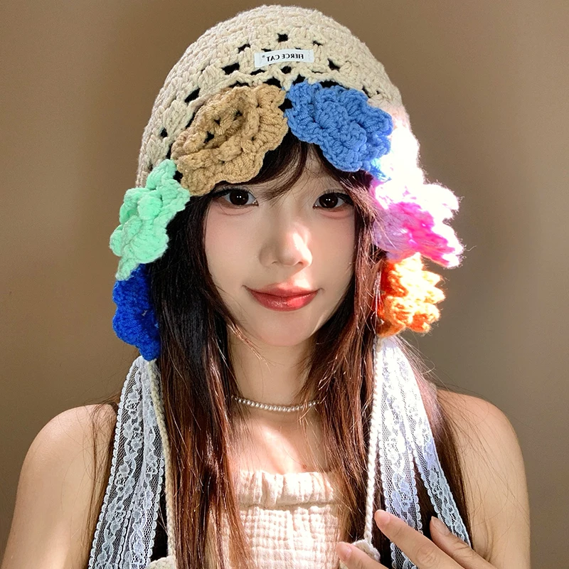 

Japanese Spring and Autumn Thin Hand-woven Colored Flower Lace Strap Pullover Hat Street Art Elegant Skull Beanie Cap for Women