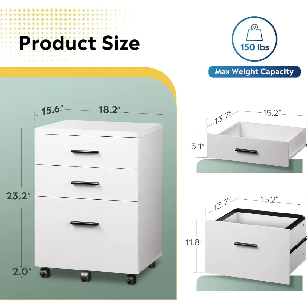 DEVAISE 3 Drawer File Cabinet for Home Office, Wood Under Desk Filing Cabinet, Rolling Printer Stand with Wheels, White