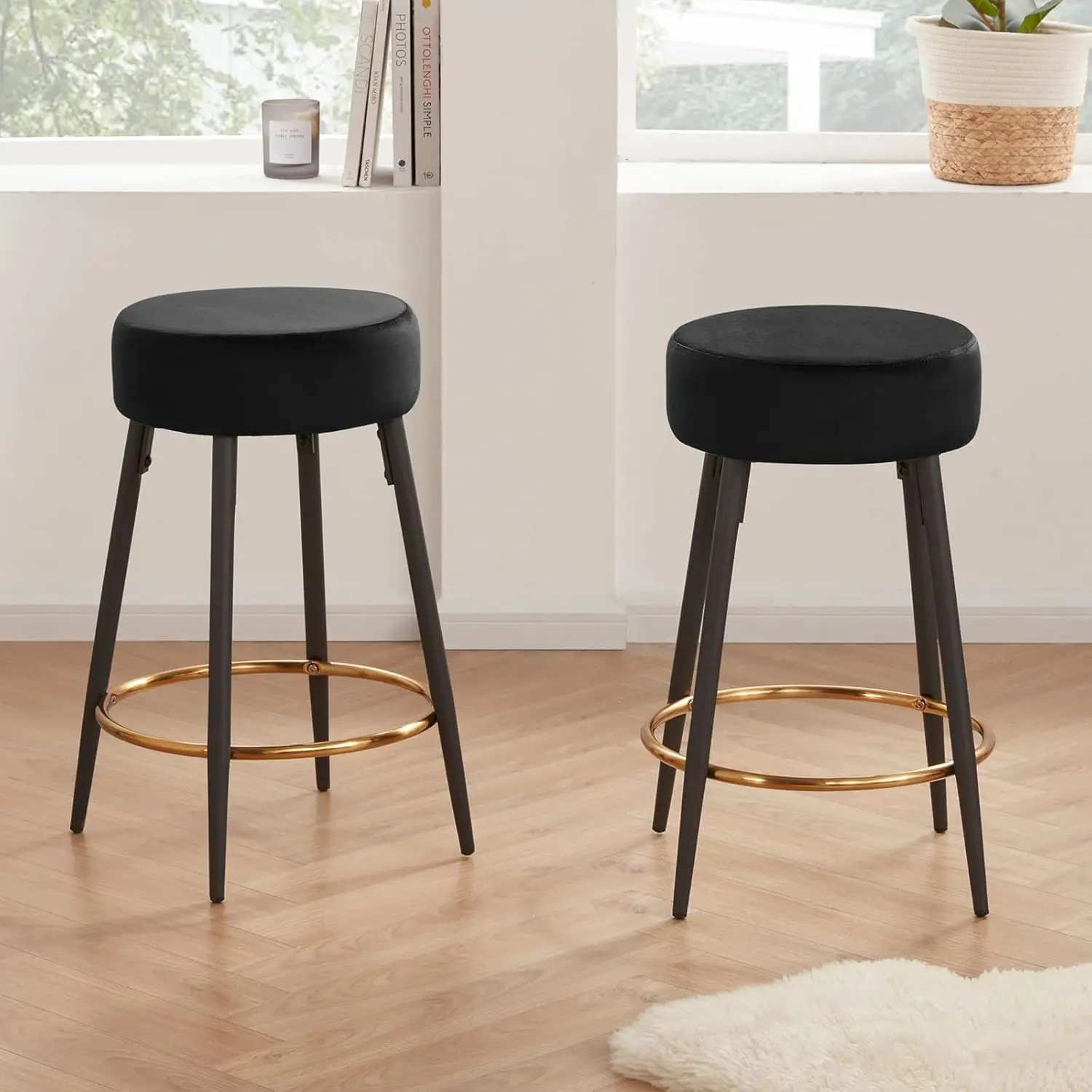 Counter Height Bar Stools Set of 2, Velvet Kitchen Stools Upholstered Dining Chair Stools  Bar Home Balcony, Black