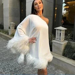 One Shoulder Feather Spliced Mini Dresses Women 2024 Sexy Diagonal Collar Long Sleeve Loose Vestidos Elegant Fashion Party Robes