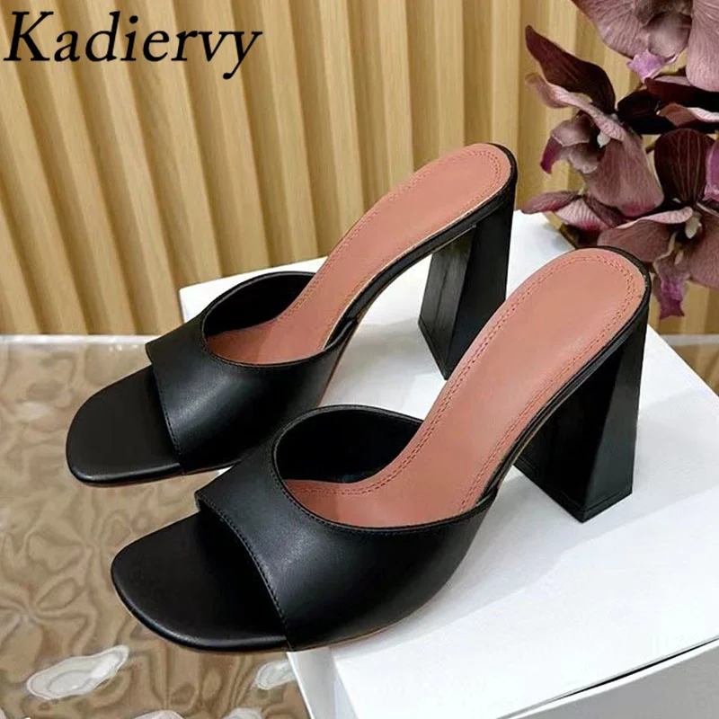 

New Chunky High Heels Slippers Woman Genuine Leather Slides Peep Toe Summer Shoes Women Square Heels Runway Sandals Women