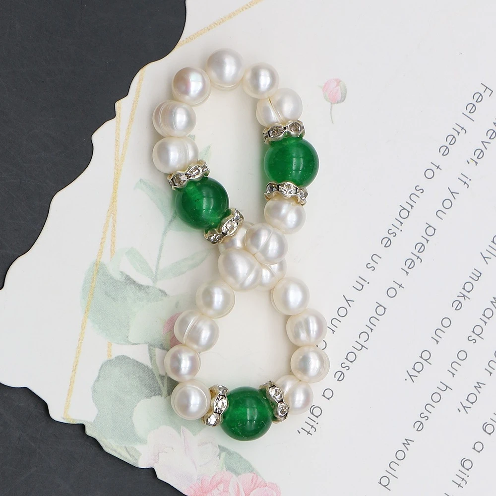 8-9mm White Natural Baroque Pearl Bracelet Freshwater Screw Pearl With Malay Jade Creative Beaded Jewelry Fashion Coordination