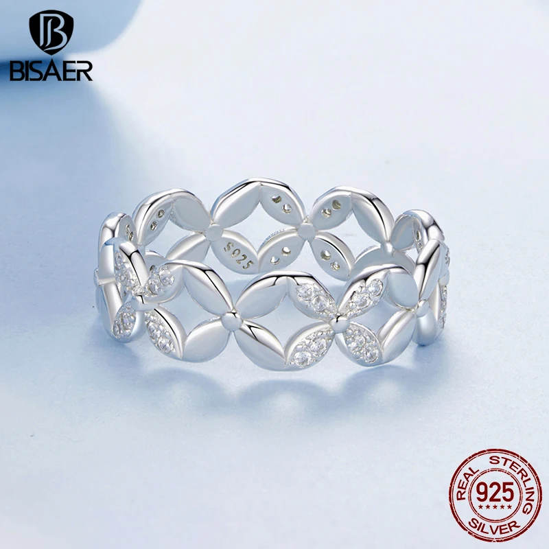 BISAER 100% 925 Sterling Silver Four-petal Flower Ring Pave Setting Zircon Band Plated White for Women Party Fine Jewelry EFR614