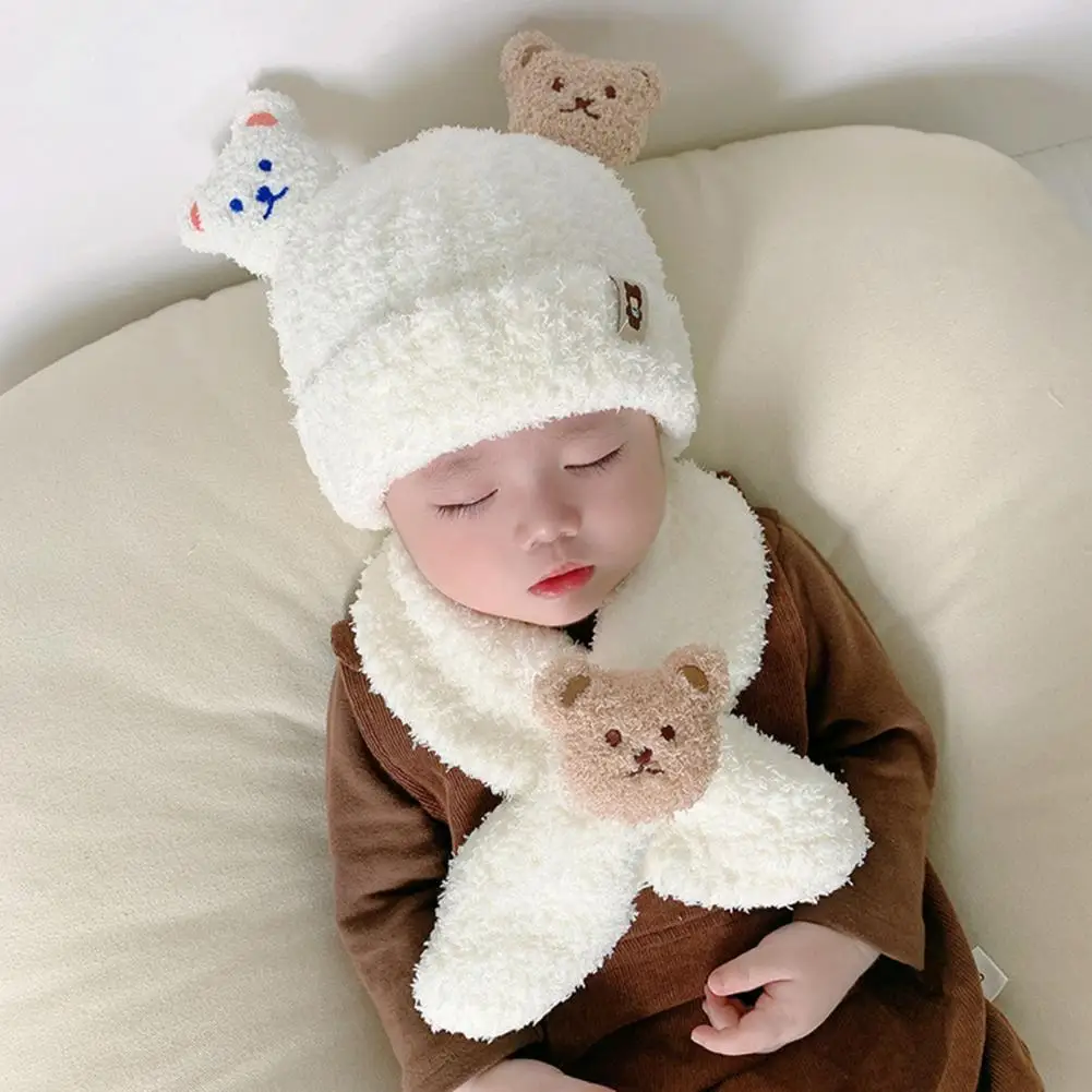 1 Set Baby Winter Hat Scarf Set Cartoon Bear Decor Thick Soft Plush Cold Resistant Knitted Unisex Neck Wrap Kids Winter Accessor