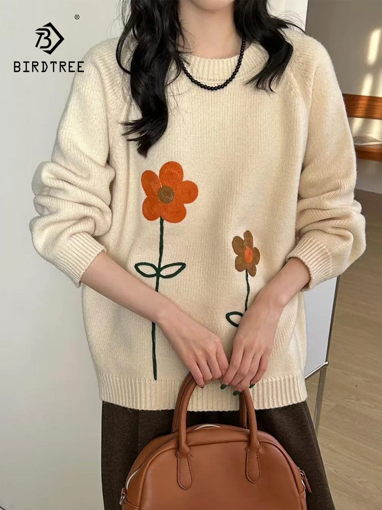 New Autumn Blending Long Sleeve  Sweater, Women O Neck Floral Loose Tops, Mori Girl Preppy Style Sweet Pullover, Winter T4N808CC