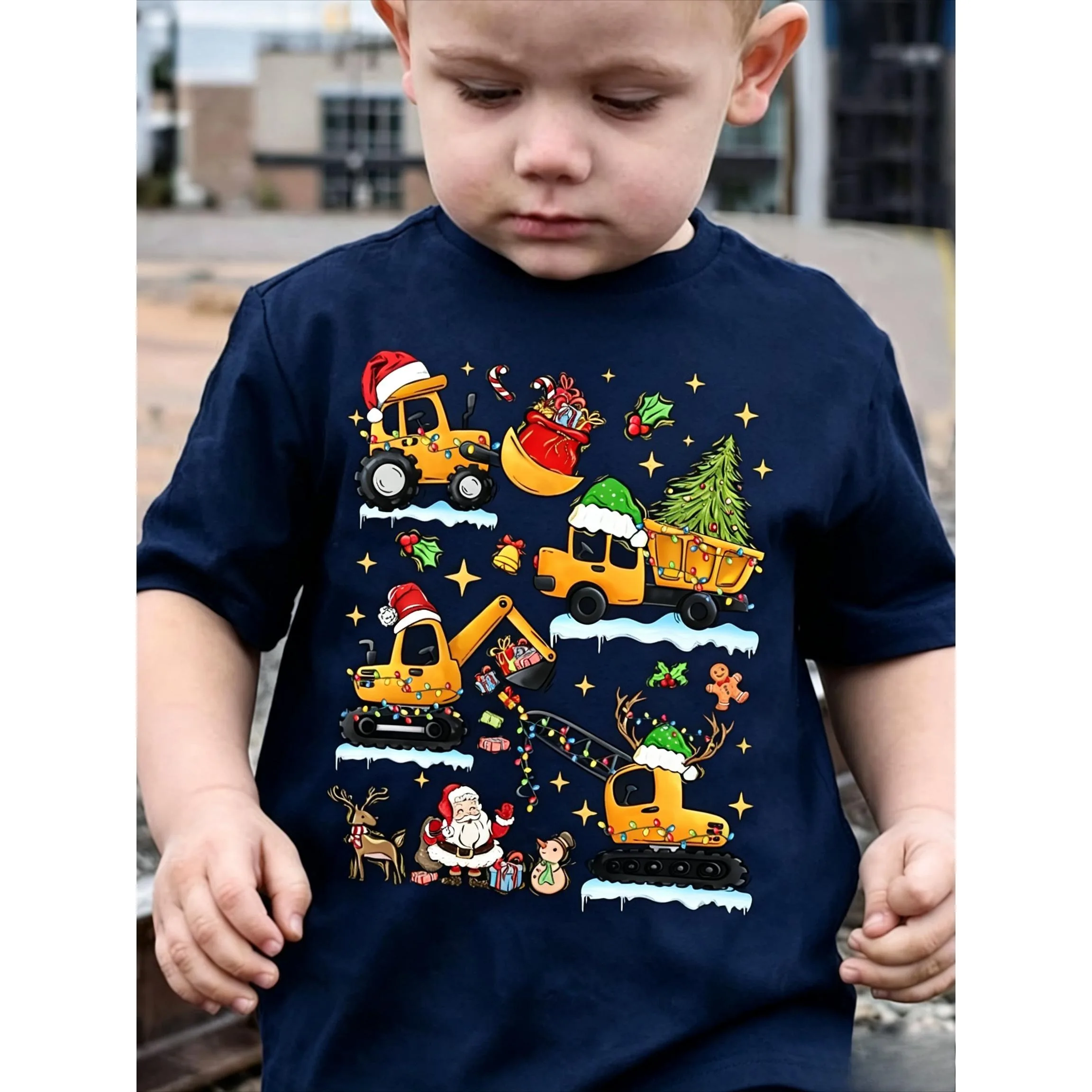 Brand Kids Summer Short Sleeve T Shirt Excavator Print With Christmas Elements Cute Casual Boys Girls Tees Holiday Gift