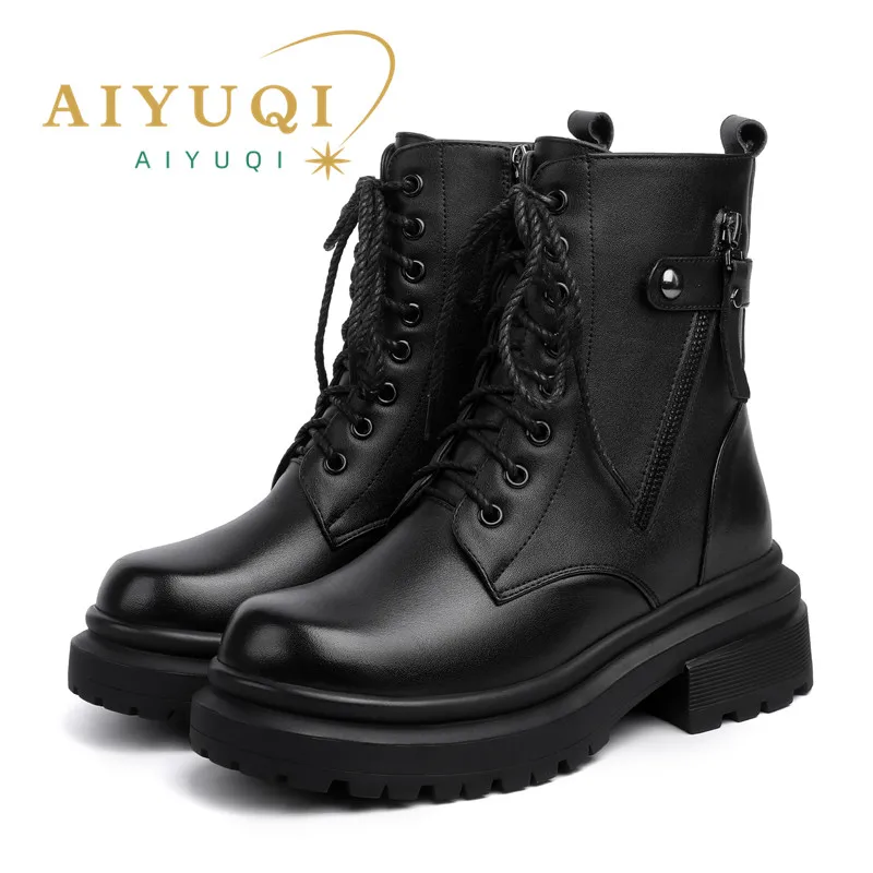 AIYUQI Women Boots Winter Large Size Genuine Leather Women Snow Boots Anti-Slip Fashion Natural Wool Women Combat Boots