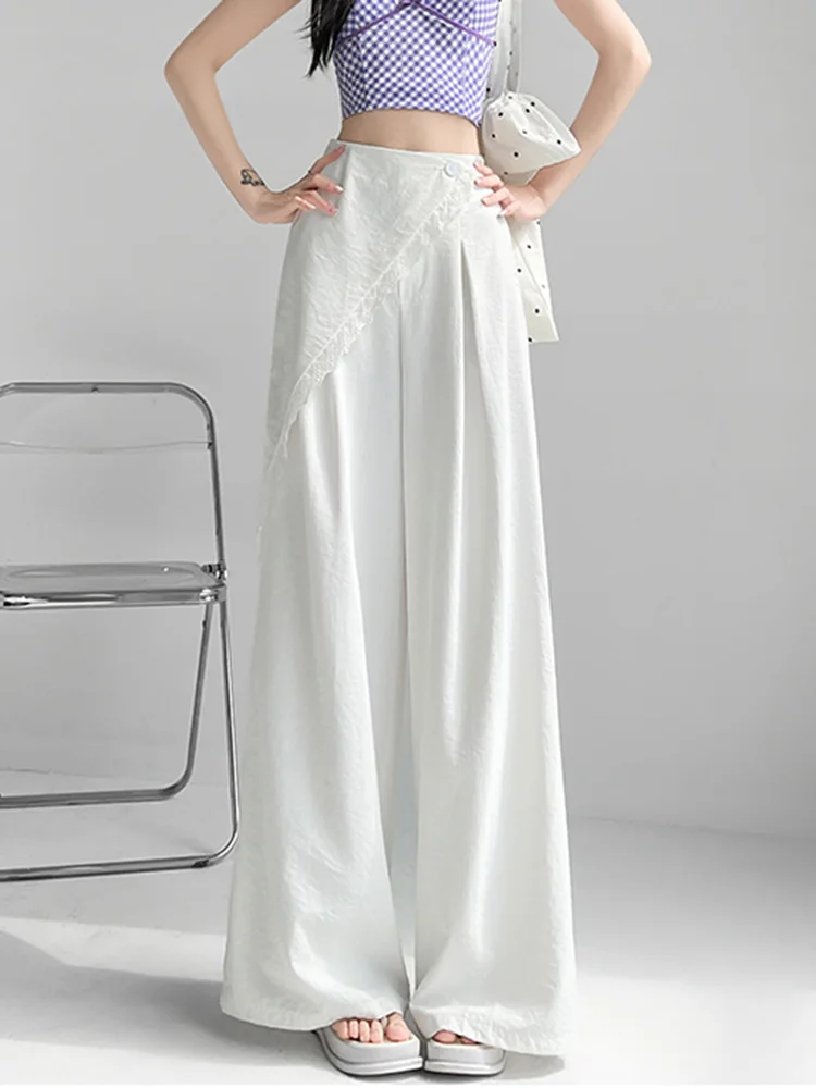 Jmprs بدلة حلوة غير رسمية واسعة الساق بانت المرأة تصميم الأزياء عالية الخصر الحرير الجليد بنطلون الصيف الكورية أنيقة الإناث شيك السراويل