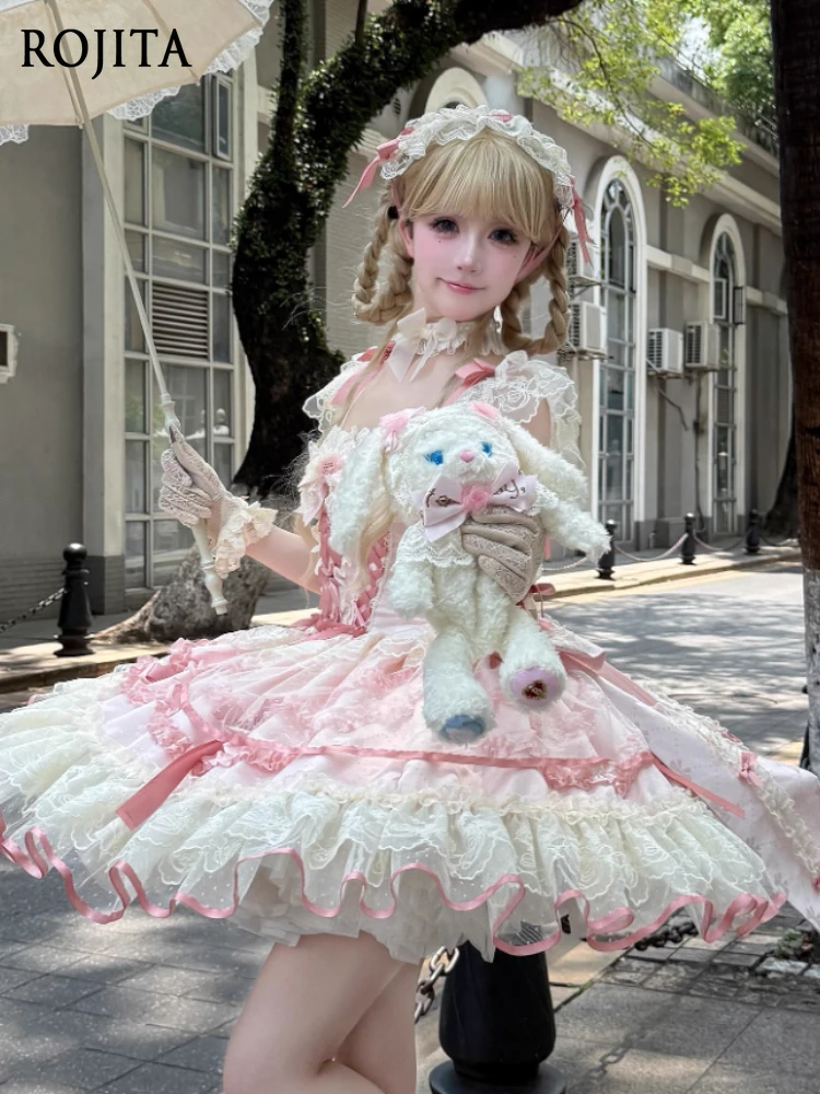 

Girl's Lolita Dress for Women 2025 New Summer Pink A-line Dress Sleeveless Ballet Style Lace Patchwork Tiered JSK Strap Dress
