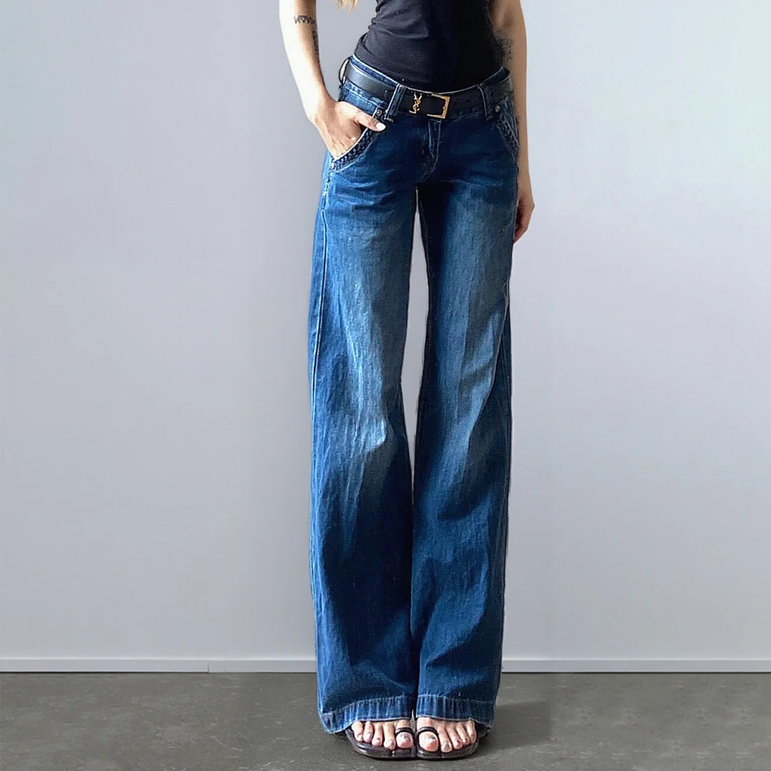 C-GEM-Y2K Jeans larghi a vita bassa - Pantaloni larghi in denim invecchiato per un look snellente