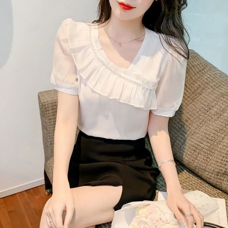 

Women Clothes Summer Simplicity Solid Color Patchwork Short Sleeve Shirts Women's Fashion Elegant Temperament Casual Tops